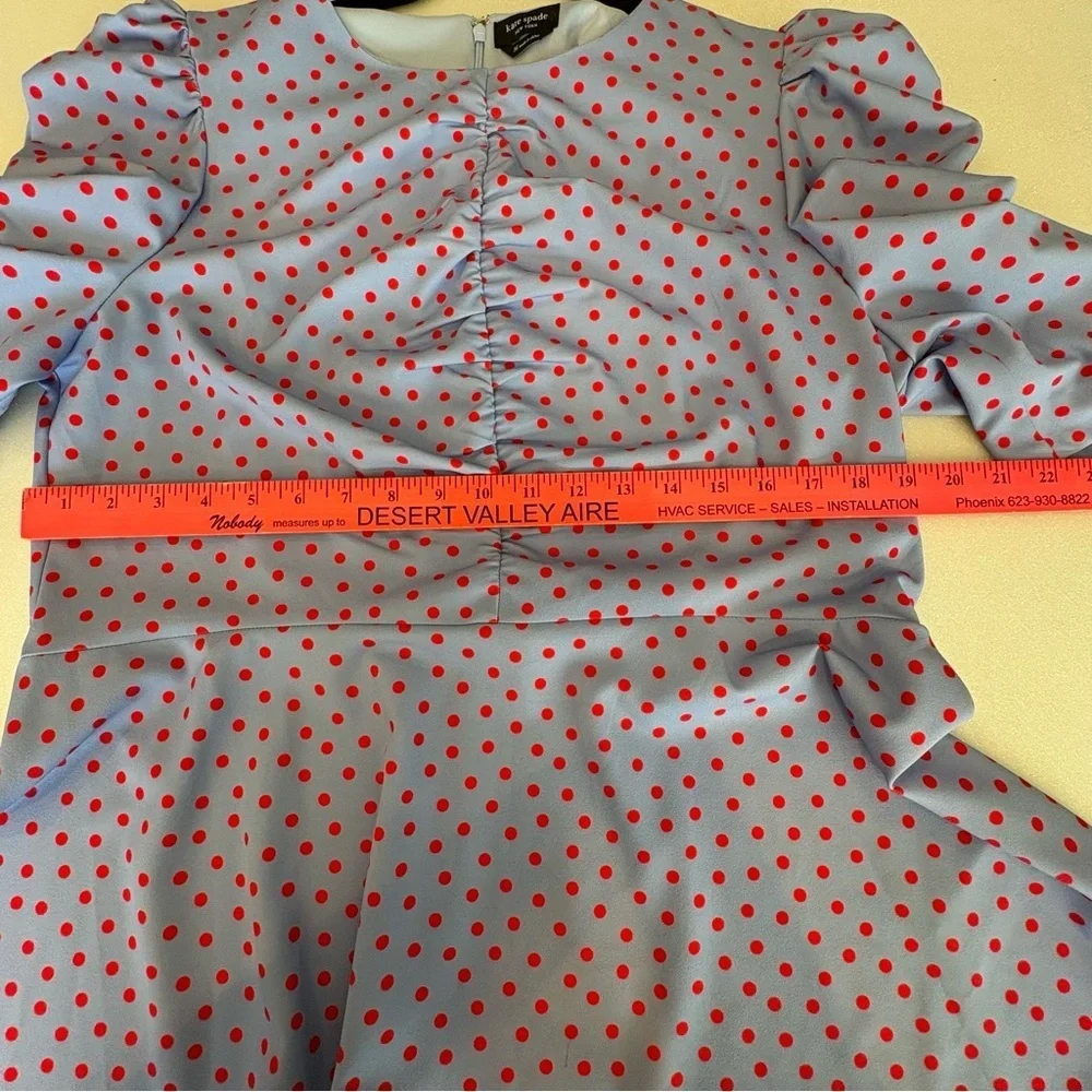 Kate Spade Plus Size 16 Peplum Top Ruched Blue Red Polka Dots Puff Sleeves Zip